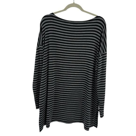 Eileen Fisher Large Boxy Striped Tunic Top Dolman Sleeve Black Gray Pullover - Picture 3 of 7